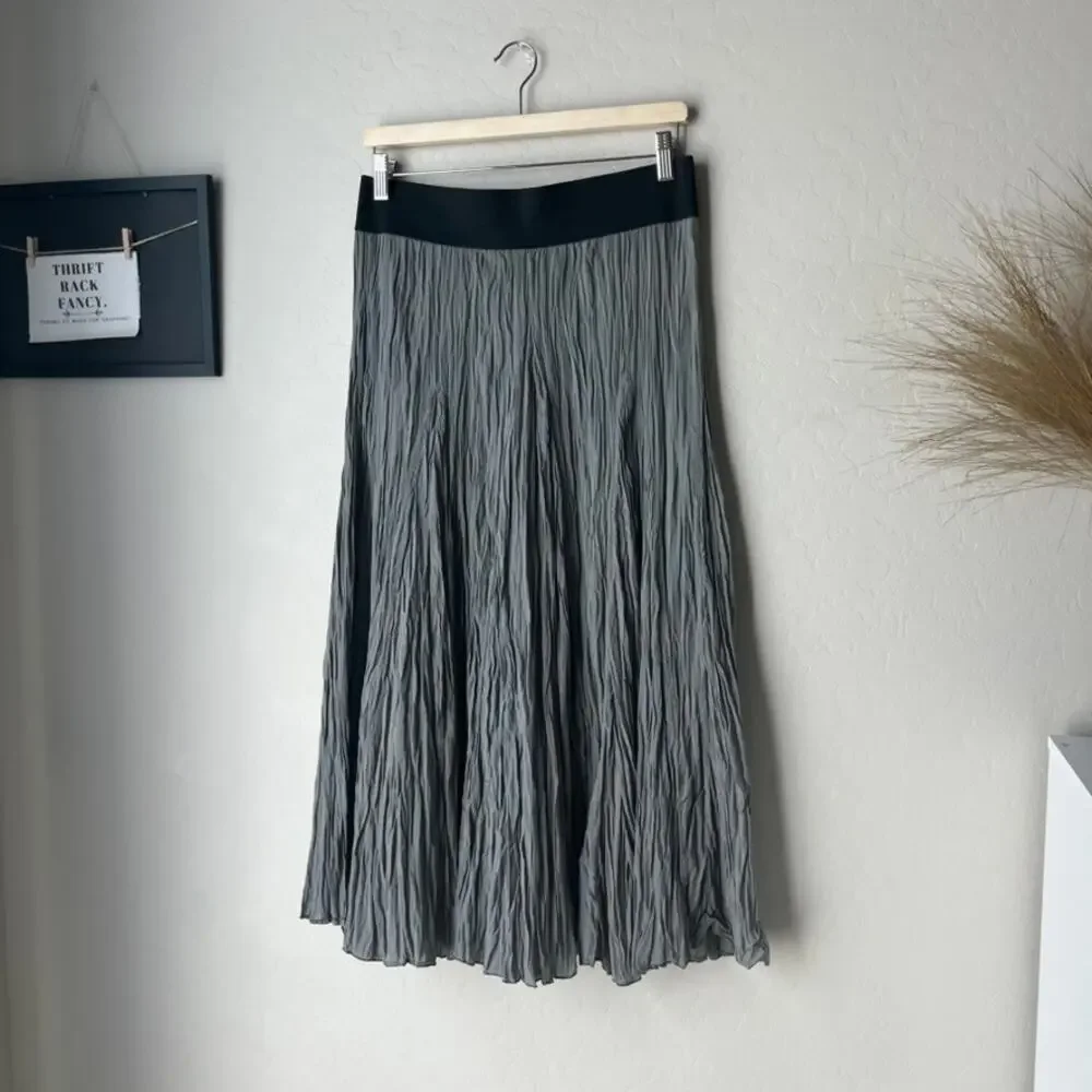 CP Shades Gray Crinkle Textured A-Line Lagenlook Pull-On Midi Skirt Size Medium - Picture 2 of 8